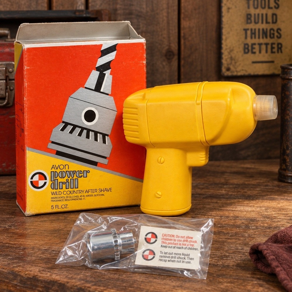 Vintage Avon Power Drill Wild Country After Shave Decanter Yellow With Box 5oz